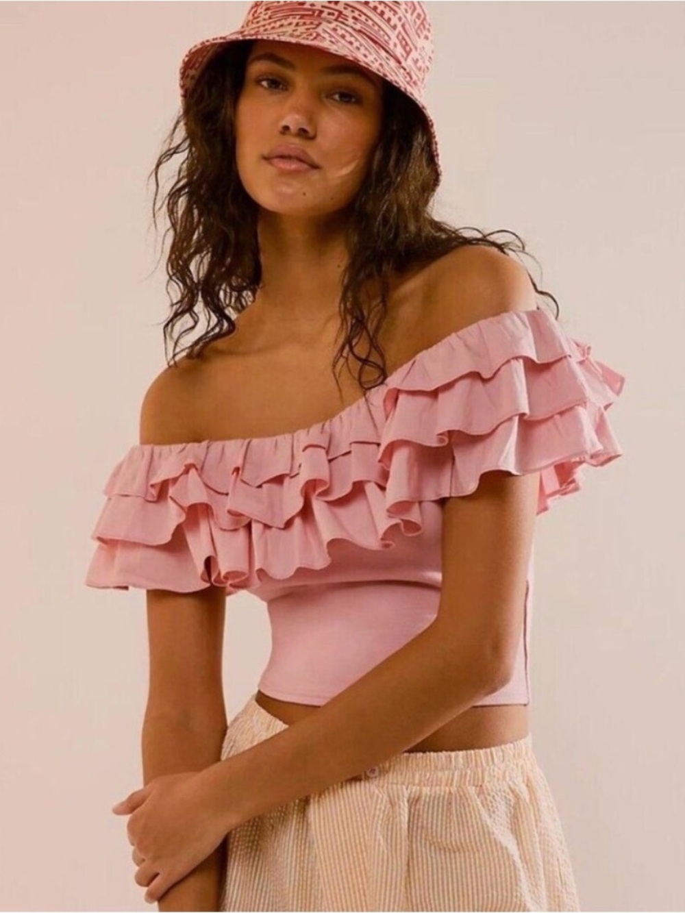 Free People Pink Ruffle Off-Shoulder Crop Top